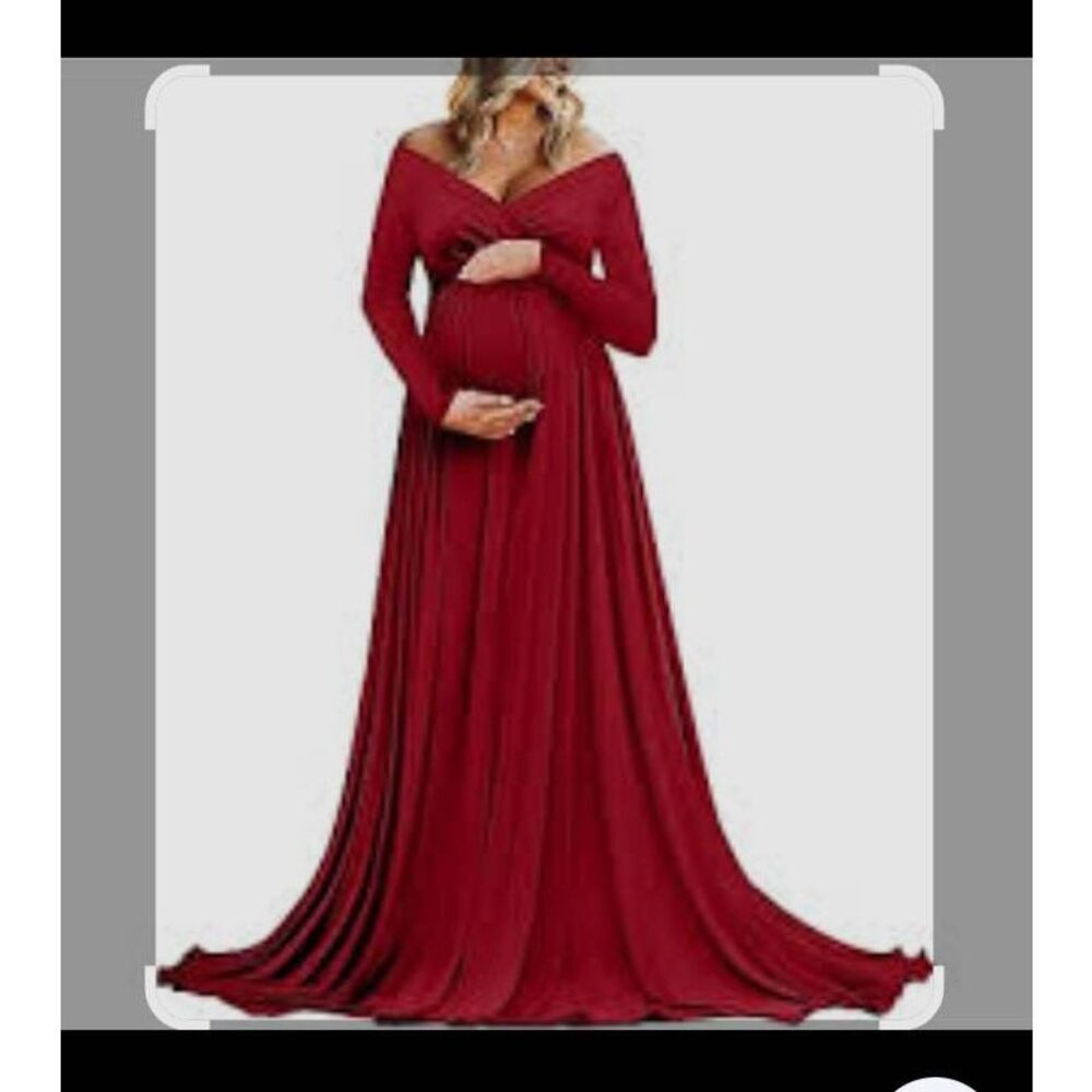 Burgundy sheer sleeve long sleeve maternity photography gown small off shoulder